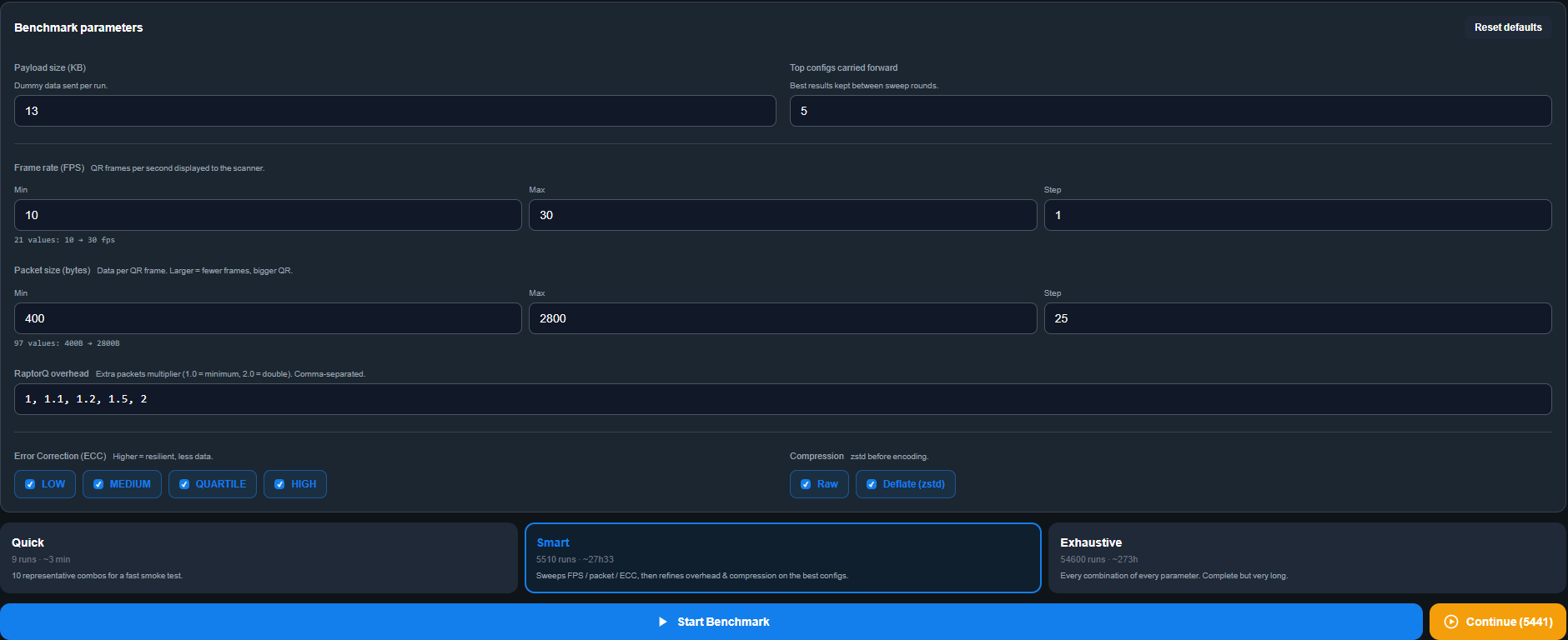 AirQR benchmark parameters