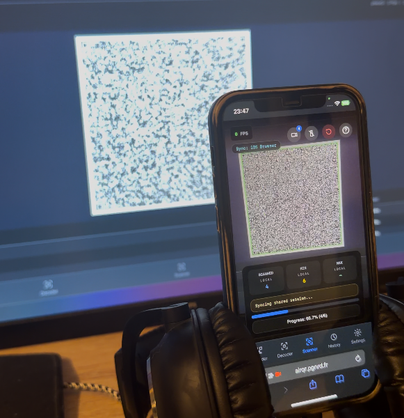 AirQR scanner facing a screen of animated QR codes